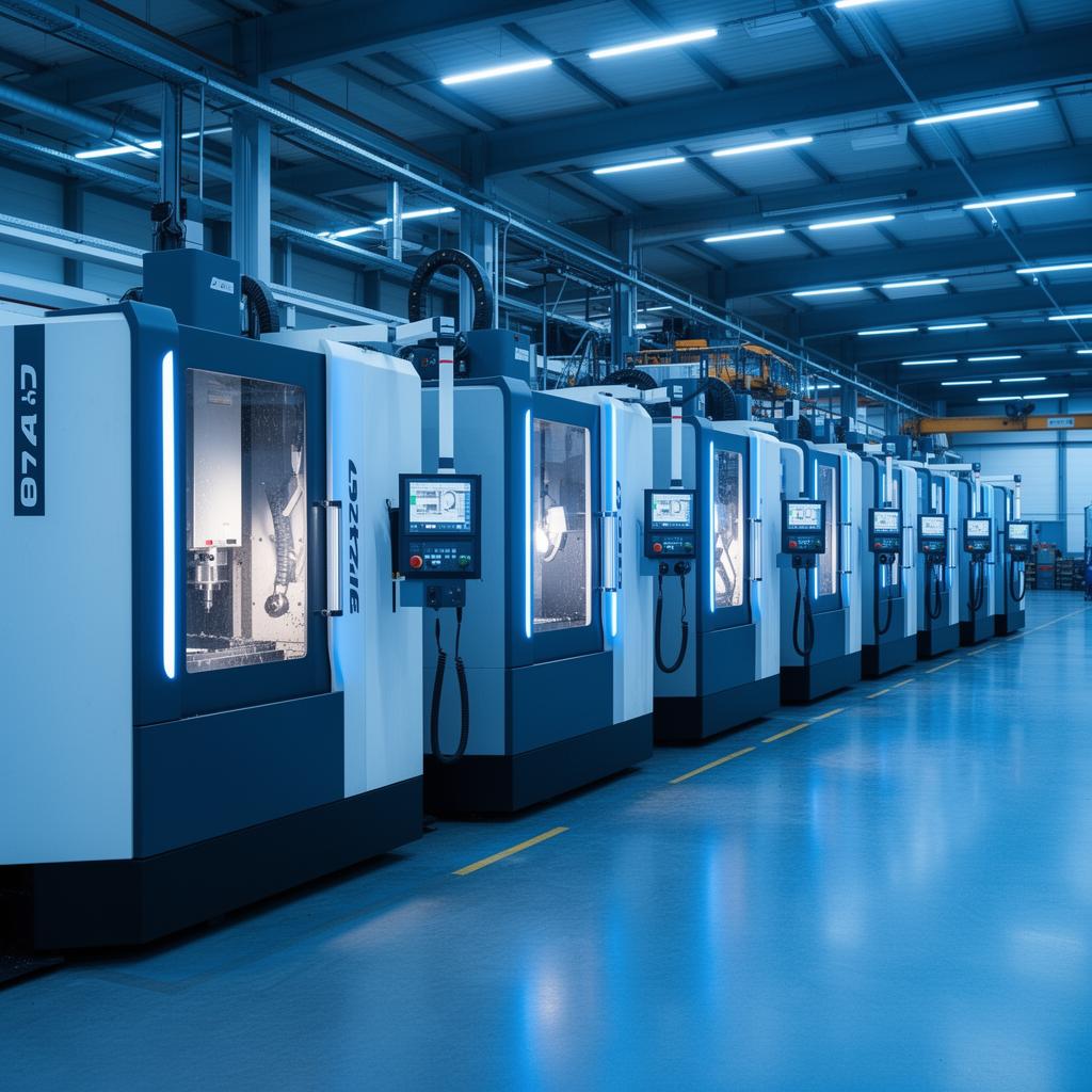 Linha de centros de usinagem CNC em chão de fábrica
