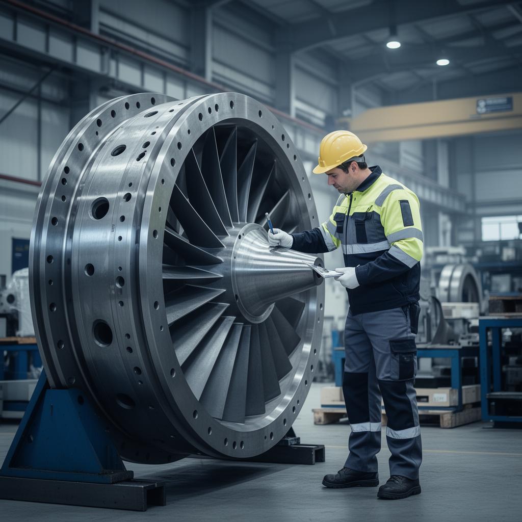 Engenheiro inspecionando componente de turbina usinado