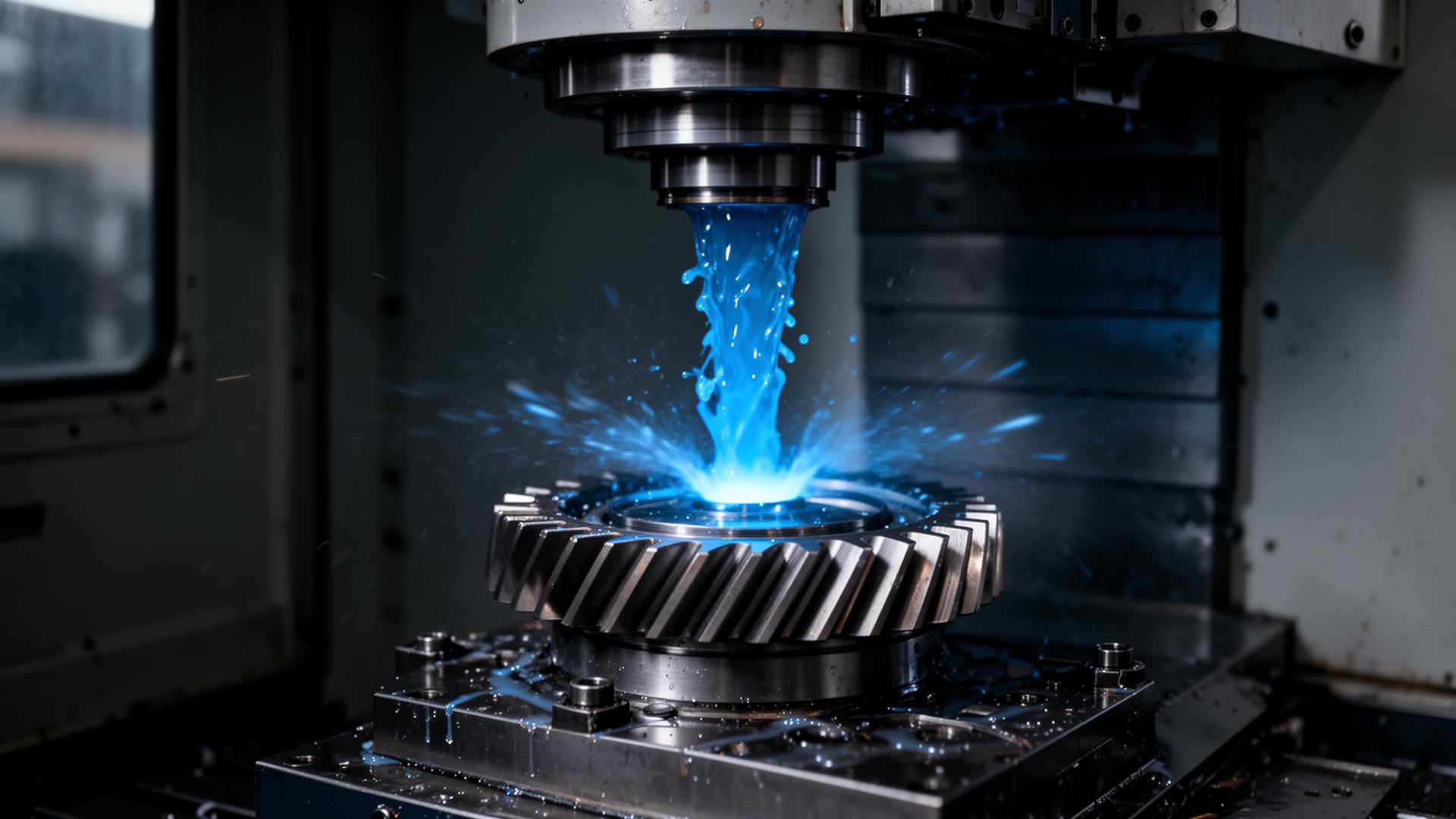 Centro de usinagem CNC fabricando uma engrenagem de precisão